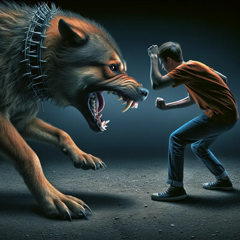 Chó dại đối đầu với con người, thể hiện sự hung dữ và nguy hiểm.